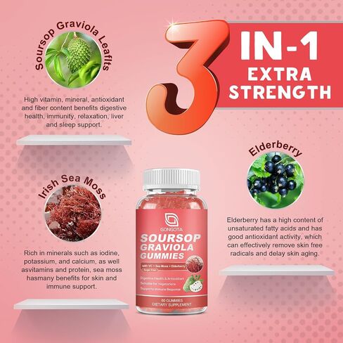 Gongota Soursop Graviola Gummies - 2200mg extra soursop أوراق الخلاصة ، والكبار العشوائي والطحلي البحري ، والهضم ، والمناعة ، ومضادات الأكسدة ، والدعم الصحي العام - خالٍ من الغلوتين ، نباتي ، 60 جنة. in Kuwait