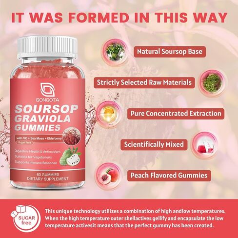 Gongota Soursop Graviola Gummies - 2200mg extra soursop أوراق الخلاصة ، والكبار العشوائي والطحلي البحري ، والهضم ، والمناعة ، ومضادات الأكسدة ، والدعم الصحي العام - خالٍ من الغلوتين ، نباتي ، 60 جنة. in Kuwait