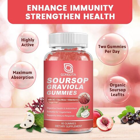 Gongota Soursop Graviola Gummies - 2200mg extra soursop أوراق الخلاصة ، والكبار العشوائي والطحلي البحري ، والهضم ، والمناعة ، ومضادات الأكسدة ، والدعم الصحي العام - خالٍ من الغلوتين ، نباتي ، 60 جنة. in Kuwait
