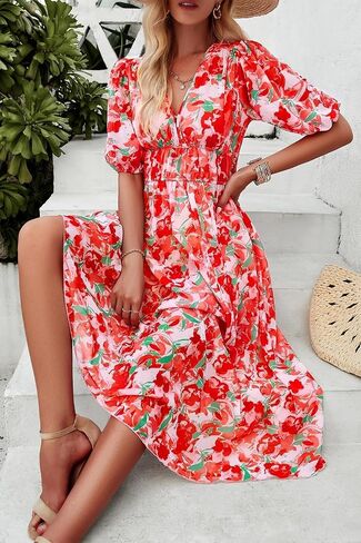 Womens Floral Floring Wrap v Neck Midi Dress Short Sleeve Lext Least in Kuwait