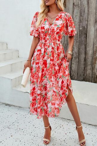 Womens Floral Floring Wrap v Neck Midi Dress Short Sleeve Lext Least in Kuwait