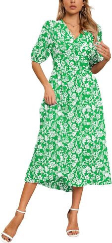 Womens Floral Floring Wrap v Neck Midi Dress Short Sleeve Lext Least in Kuwait