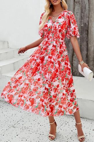 Womens Floral Floring Wrap v Neck Midi Dress Short Sleeve Lext Least in Kuwait