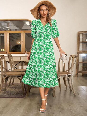 Womens Floral Floring Wrap v Neck Midi Dress Short Sleeve Lext Least in Kuwait