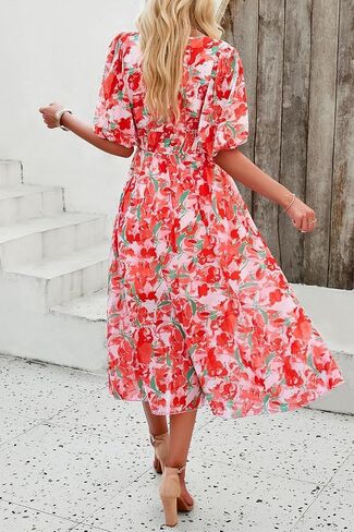 Womens Floral Floring Wrap v Neck Midi Dress Short Sleeve Lext Least in Kuwait