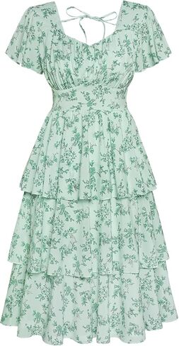 Belle Poque Women's Square Neck Dust Tier Frick 2025 Summer Vintage Short Sleeve Live A-Line Swing Midi Dress in Kuwait