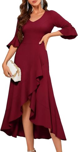 HomRain Women's V Neck Bell Sleeve Formal Dresses for Wedding Guest Ruffle Split Evening Party Cocktail Dress in Saudi Arabia