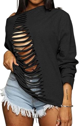 Hilinker Women's Sexy Off Shoulder Sweatshirt Long Sleeve Hollow Out Sweatshirts in Saudi Arabia