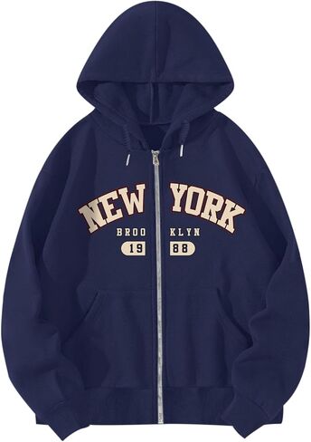 New York Graphic Zip Up Hoodies for Women Full Zip Hoodie Letter Jackets College Zipper Sweatshirts with Pockets in Saudi Arabia