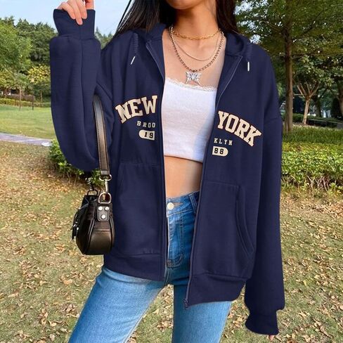 New York Graphic Zip Up Hoodies for Women Full Zip Hoodie Letter Jackets College Zipper Sweatshirts with Pockets in Saudi Arabia