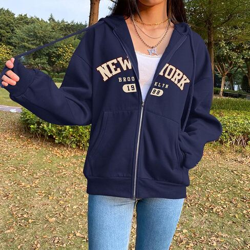 New York Graphic Zip Up Hoodies for Women Full Zip Hoodie Letter Jackets College Zipper Sweatshirts with Pockets in Saudi Arabia