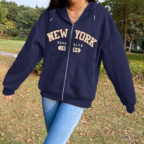 New York Graphic Zip Up Hoodies for Women Full Zip Hoodie Letter Jackets College Zipper Sweatshirts with Pockets in Saudi Arabia