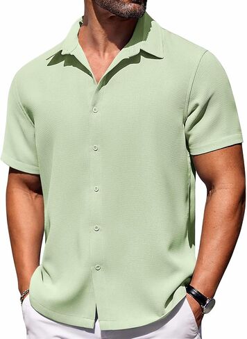 COOFANDY Mens Short Sleeve Button Down Shirts Waffle Shirt Casual Beach Summer Shirts Wrinkle Free Vacation Shirts in Saudi Arabia