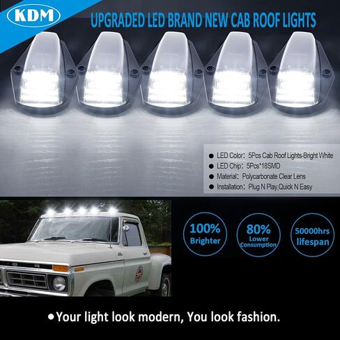 KDM Clear Lens LED CAB ROOP Top Lights Assembly FING 1973-1997 FORD F150 F250 F350 F450 Super Duty ، Hauted Runnance White White ، 5pcs Pack in Saudi Arabia