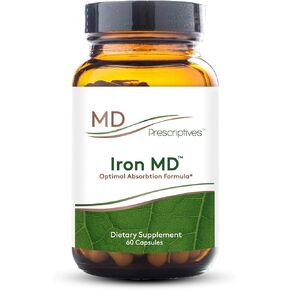 كبسولات الحديد MD - مكملات الحديد اليومية للنساء والرجال المصابين فيتامين C وفيتامين B12 وحمض الفوليك - صيغة الامتصاص الأمثل - 60 كبسولات الخضار