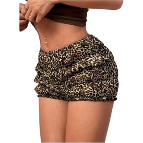 MakeMeChic Women's Leopard Print Ruched Shorts Elastic Waist Frill Trim Straight Leg Shorts in Kuwait