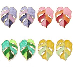 4Pcs Enamel Monstera Leaf Stud Earrings Fashion Bohemian Alloy Earrings Charms Accessories Purple+Yellow+Green+Pink