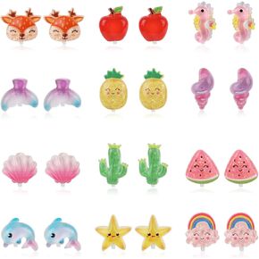 12 Pairs Clip On Earrings for Little Girls, Princess Clip Earrings Clip On Earring And Earring Set Non Pierced Earrings Dress up Jewelry Accessories for Toddler Kids (Fruit Animals)