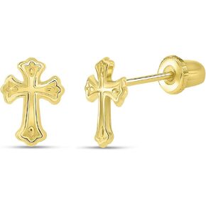 14k Yellow Gold Christian Cross Stud Earrings with Screw Back
