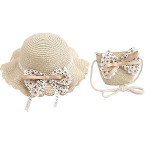 2pcs Girls Sun Hat with Shoulder Bag Set Large Brim Beach Straw Hat Purse UPF50+ Cute Lace Travel Party Summer Cap