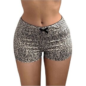 Makemechic Women’s Leopard Print Ruched Shorts مرنة الخصر زخرفة الساق المستقيمة