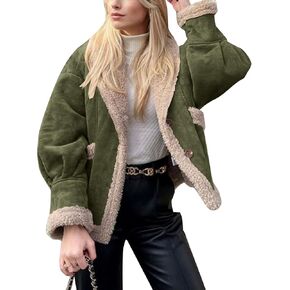 Flygo Womens Winter Faux Suede Jacket Sherpa Lined Jacket Button Down Lapel Fleece Jacket Winter Coat with Pockets