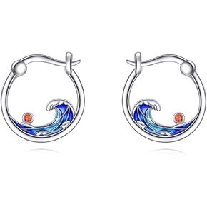 Ocean Wave Hoop Earrings S925 Sterling Silver Blue Wave Beach Jewelry Christmas Birthday Gifts for Women Nature Lovers
