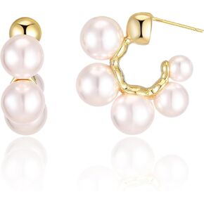 14K Gold Plated Pearl Hoop Earrings for Women, Trendy Pearl Earrings Cuff Lightweight Hypoallergenic Jewelry for Her