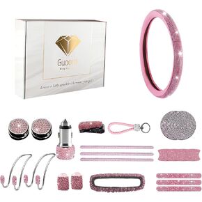 33-Piece Bling Car Accessories Set for Women - Rhinestone Steering Wheel Cover, Diamond Door Stickers, Auto Hooks, Vent Outlet Trim, Tire Valve Stem Caps, and Cup Holders (Pink)