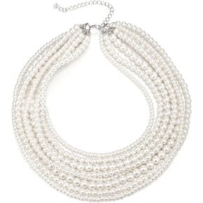 EVER FAITH Vintage Layered Faux Pearls Choker Necklace for Women, 1920s Cosply Themed Party Accessories Multi-Strand Simulated Pearl Bib Collar Statement Necklaces for Prom
