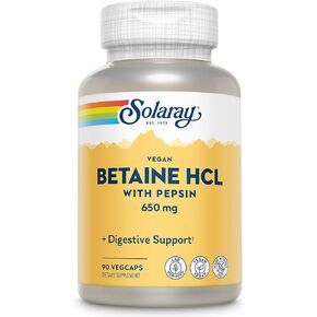 Solaray Vegan Betaine HCl مع Pepsin - مكملات حمض الهيدروكلوريك لصحة الجهاز الهضمي - مع Hydrochloride البيتيني والإنزيمات الجهاز الهضمي - الدعم الصحي للأمعاء - ضمان 60 يومًا ، 90 Vegcaps