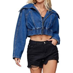 Women's Denim Jacket Long Sleeve Lapel Zip Up Cropped Drop Shoulder Flap Coat Jean Jacket Top