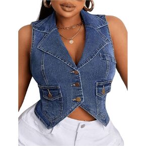 MakeMeChic Women's Plus Size Button Down Cropped Denim Vest Y2K Sleeveless Jean Jacket Vests