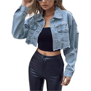 WDIRARA Women's Button Front Drop Shoulder Crop Denim Jackets Collar Long Sleeve Jean Jacket with Pockets