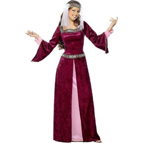 Smiffy's Women’s Maid Marion Costume Burgundy مع لباس ورأس الرأس