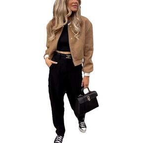 Women's Cropped Street Bomber Jacket long sleeve Button Down Crop Tops Coat
