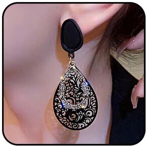 Black Filigree Teardrop Clip On Earrings for Women, Dainty Hollow Cubic Zirconia Waterdrop Dangle Statement Earrings Trendy Non Pierced Jewelry
