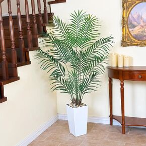 UV Resistant 5ft Faux Palmtree مع زارع زخرفي أبيض طويل القامة ، 60 في شجرة النخيل الاصطناعية مع أوراق وفروع واقعية ، شجرة النخيل المزيفة للمكاتب المنزلية الشرفة الأمامية ديكور الفناء.