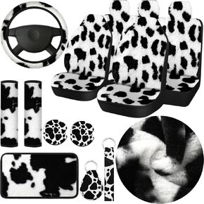 Plush Cow Print Car Accessories Full Sets Warm Cow Print Car Seat Covers Winter Christmas Car Seat Cover Rubber Steering Wheel Cover Armrest Pad Cover Seat Belt Pads Wrist Holder Keychain (Plush)