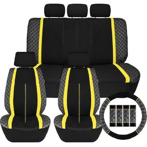 We Are Young Life is Fun™ Checker Car Seat Covers Universal Fit Interior Accessories Full Set Yellow Seat Cover Combo Steering Wheel Cover and Seat Belt Pads, Airbag and Split Rear Car Seat Covers