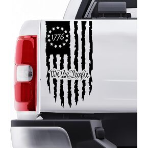 GRITKULTURE We The People Distressed American Flag Decal Vinyl for Trucks, Cars, Tailgate, Windows Preamble of The US Constitution fits Most Pickup Trucks-Rear USA Flag Car Sticker (Black)