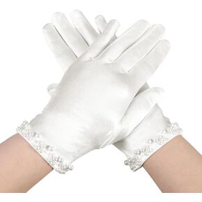 Women's Short Satin Gloves, Shiny Floral Pearl Gloves for Bridal Elegant Short Gloves 1920s Wrist Lace Gloves for Wedding Opera Dinner Party