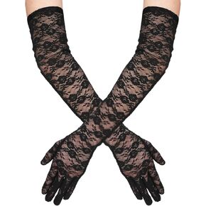 Long Lace Gloves, Flower Floral Length Gloves for Women Wedding Opera Mittens Gloves