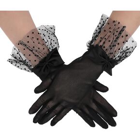 Black Lace Gloves Women, Party Wedding Tea Party Glove Bridal Black Bow Short Mitten Evening Elegant Accessories Sun Protection Funeral for Women Female