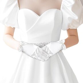 White Gloves Women, Short Satin Opera Wedding Bridal Wrist Length White Satin Pearl Uniform Opera Banquet Accessories Floral Tea Party Tuxedo Gloves