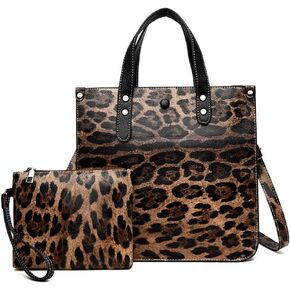 Chikencall Women 2Pcs Handbag and Purses Leopard Zebra Cows Deer Print Pattern Tote Leather Shoulder Satchel