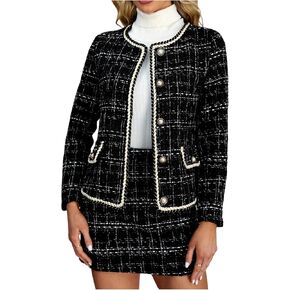 Women's 2 Piece Outfits Plaid Button Front Long Sleeve Tweed Jacket and Mini Skirt Elegant Set