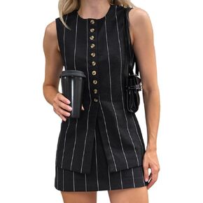 Molilove Women's Linen 2 Piece Skirt Set - Crew Neck Button Vest Top & Sleeveless Blazer - Stripe Shorts Suit