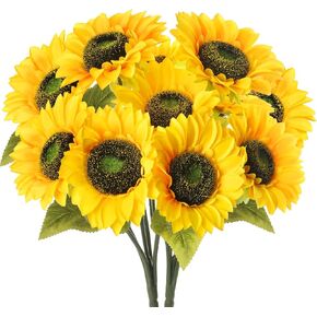 DerBlue 15.74'' Artificial Sunflowers Bouquet with 14 Heads(Two Different Diameter of Flowers) and 40 Leaves Fake Silk Sunflowers Bouquet for Home Office Parties and Wedding Decoration