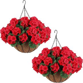 Hananona 2 Set Artificial Outdoor Geraniums Flowers with Hanging Basket, 2 Hanging Planters with 12 Pcs Red Geranium Flowers for Spring Summer Front Porch Garden Patio Home Decor (2, Red)